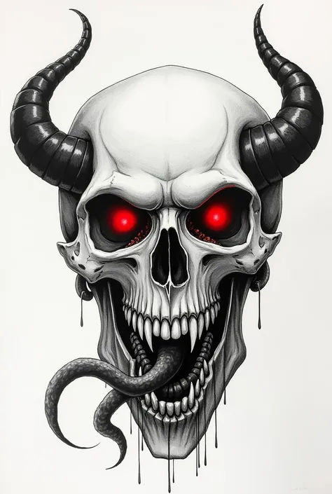 Vampire skull,  drawn, front, devil tongue, red eyes