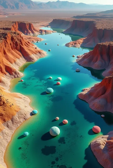  Aerial view of the Spotted Lake showing the colorful patches.
 Animation with the layers of minerals being exposed .
Close up of one of the lakes balls , Highlighting Your Unique Texture.