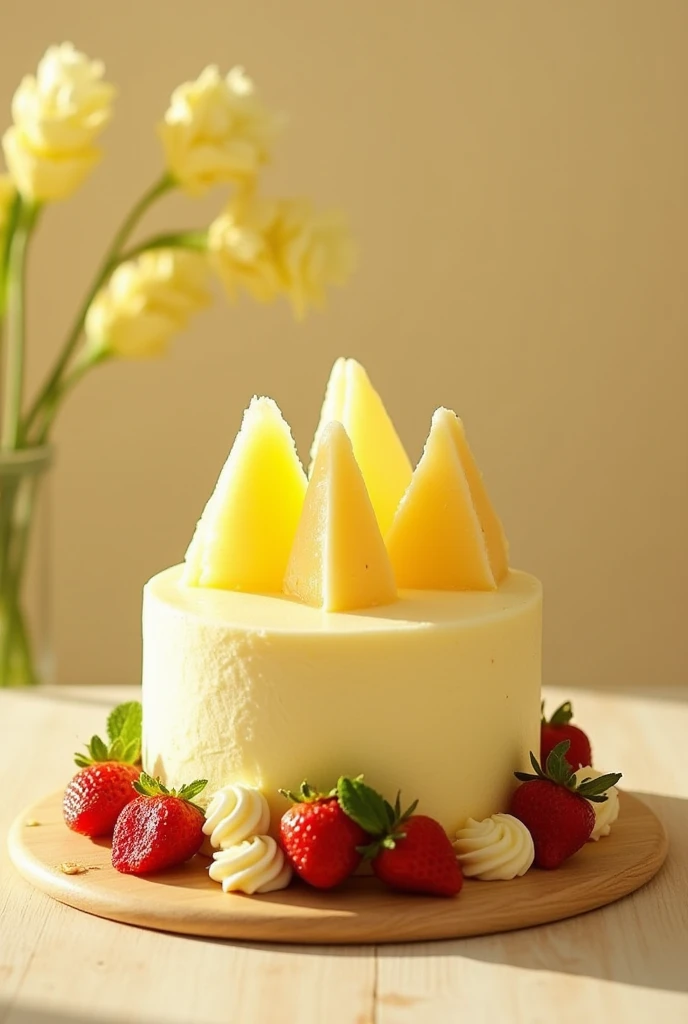 Real food photography, distant view, with a simple and clean wooden table as the background. On the table is a pale yellow durian cream layered birthday cake, with a thick layer of durian paste on the surface of the cake, yellow cream in the middle, and cr...