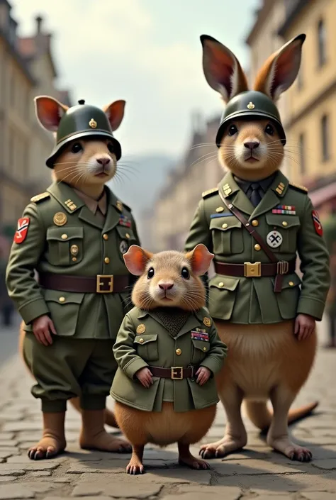 A platypus with a beak , a guinea pig and a kangaroo dressed as German soldiers 