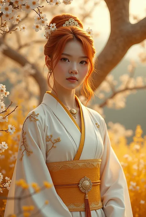  imaginary　Gold Tree 　 white cherry blossoms　Golden plants 　Red Hair　White Haori　Gold embroidery　Im wearing a gold ornament　 pretty girl 　 facing the front