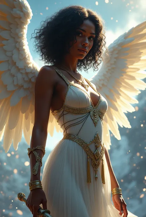 Create a girl with beautiful black skin, tall brown eyes, shoulder-length curly black hair with white wings on her back, a sword in her hands and a sexy dress and good body. 