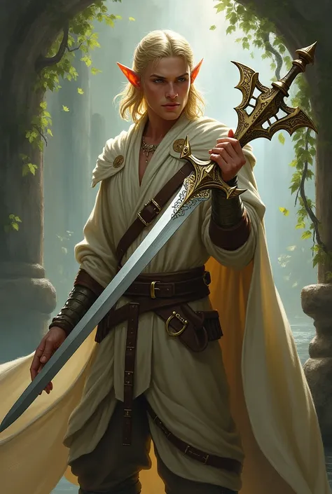  A blond male elf with a harpist scimitar that is from D&D 5e but with a blade I am  