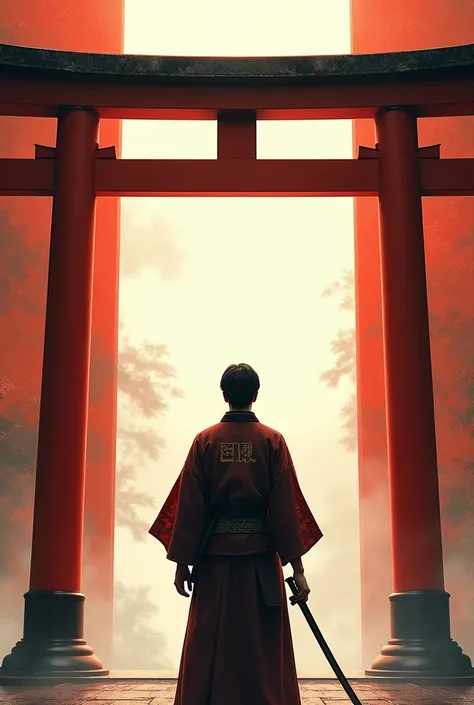 man, short hair, In Japanese clothing with sword in front of a torii