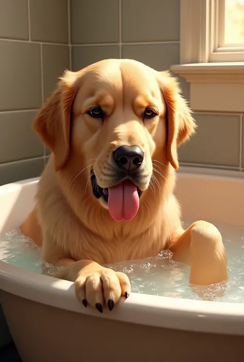 Large, light-haired wet Golden Retriever cuddling in a bath and grooming