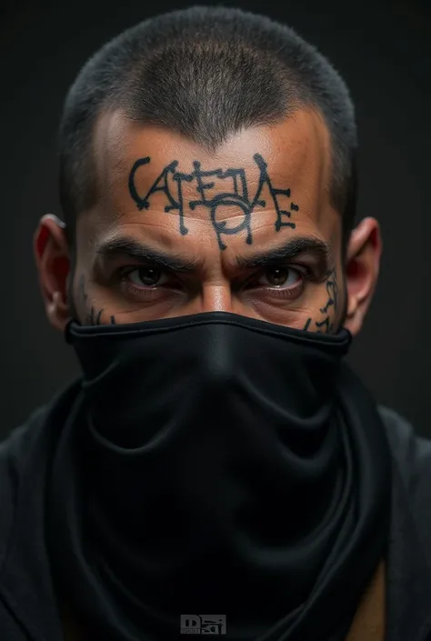 Give me a picture of a portrait of a gang members face , nose and mouth covers by a half face mask Bandana tied over his forehead tattoos on his face 