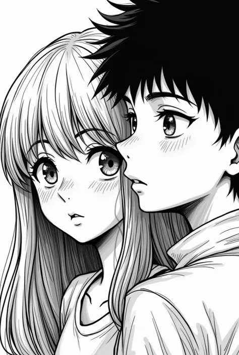 Black and white sketch, In the style of Junji Ito, Junji ito Manga type image, girl with long hair, freckles on bridge of her nose, and a boy with medium spikey hair, half black hair,