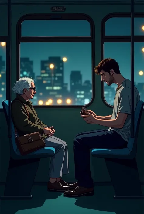 A city bus at night ,  with soft lights and few passengers . The protagonist, Pedro,  a 25-year-old man ,  with short brown hair ,  wears a simple t-shirt and jeans .  He is sitting next to a lady with white hair and discreet clothes,  with a handbag next ...