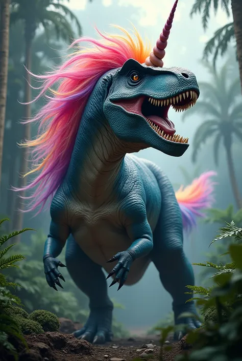 A tyrannosaurus with unicorn hair