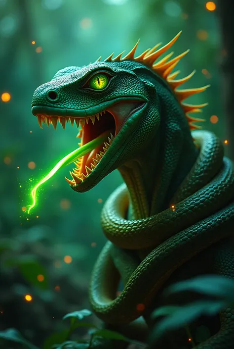 AN INCREDIBLE half-human half-lizard god with an open mouth with large, sharp teeth with a fast tongue spewing neon green poison with neon eyes glowing like a green light bulb in the jungle at night with bright orange fireflies with a snake wrapped around ...