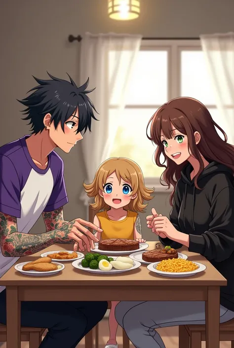 One Anime style Man, One  Anime style Woman, one young anime style girl, one young anime style boy. Man has grey blue eyes, medium length hair, hair floppy, half black half white hair, pierced ear, tattoos all over, hand and finger tattoos, purple and blac...