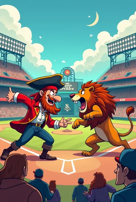 Create a cartoon pirate fighting a lion in a baseball stadium 