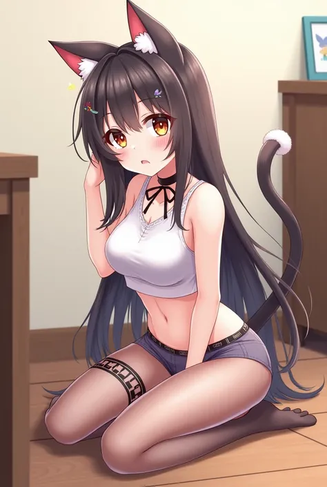 masterpiece, best quality, Official Art , extremely detailed CG unity 8k wallpaper , girl, cute的girl, Second dimension animation，Yuri, cute发饰,  shorts,  cropped top below , pantyhose, ribbon_ Choker Necklace , Leg strap,cat ears tail（hairy），Colored eyes（bi...