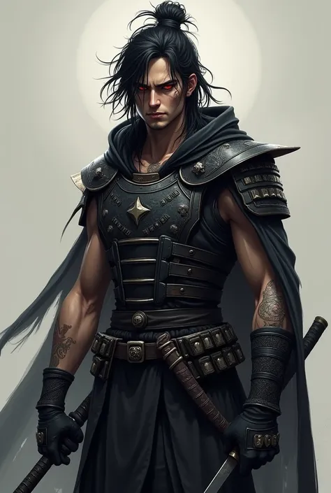 Samurai

Height: 6’4”, muscular build, with a powerful, athletic frame
	•	Hair: Long, dark, and slightly messy, flowing down to mid-back, with a few strands falling over his face
	•	Eyes: Piercing, demonic eyes that glow with a faint crimson light, exuding...