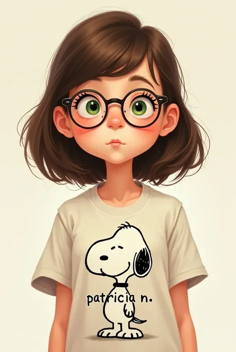 Image of a girl with brown hair, glasses and eyes not big green wearing a snoopy t-shirt and saying Patricia N.
