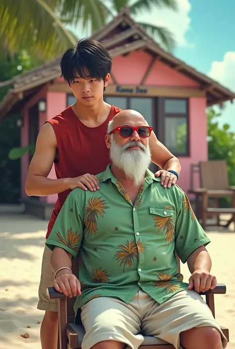 Standing behind the Japanese man is a 60 year old Japanese man,Japanese male, 20 years old, neat hair with long parted bangs,(Wearing red Sleeveless shirt typical of songoku),Front view, wearing a dark blue wristband typical of songoku,Camera zooms to wais...