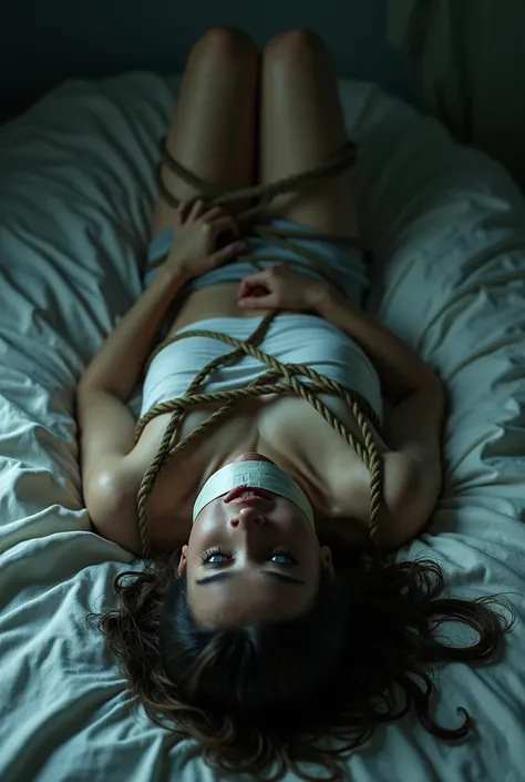 1 woman lying on her back in bed mouth taped, tied up with rope which are in the middle of the picture 