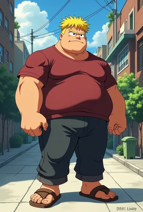 Tall Man, with yellow short hair, with round face, muscular, in Anime, wearing his mahogany shirt, dark gray pants, wearing his brown sandals, standing in the sidewalk