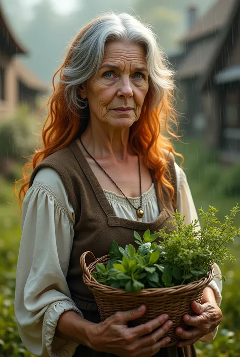 Elderly woman with long hair that is a blend of copper and silver. Her blue eyes shine with wisdom and kindness. She wears simple fantasy peasant clothing and carries a basket of freshly picked herbs. Photorealistic. Setting is a woodland village in spring...