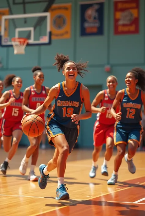 Senior womens team  , playing basketball, very happy 
