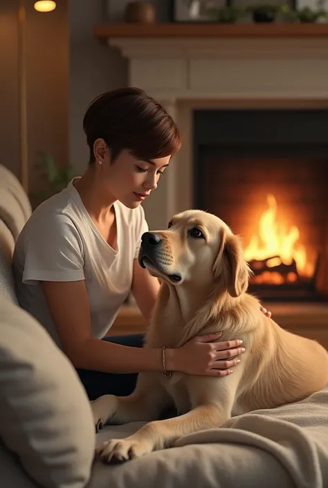 Femme avec une corpulence moyenne, cheveux très très courts style burst fade bruns, caressant son golden retriever dans un canapé près d’une cheminée