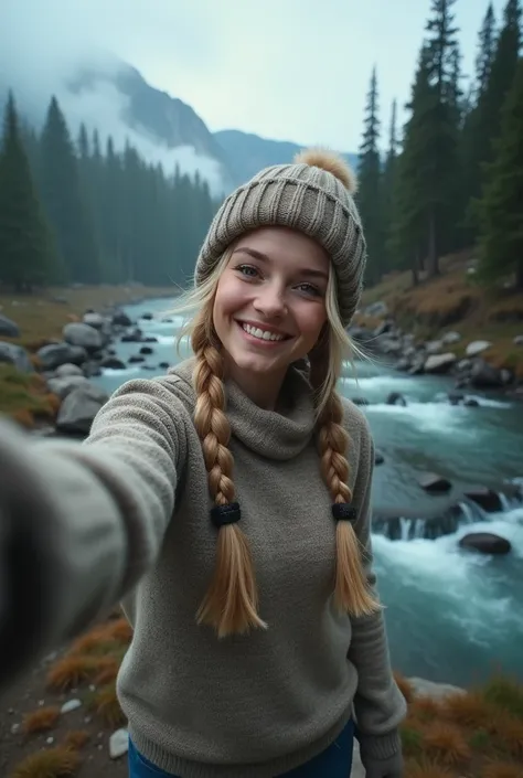  full body, young blonde, Swedish, Braids,  Photorealistic ,  best size ,  hyperdetailed ,  beautiful woman , Selfie photo,  full body, One, In pullover, Outdoors, (day), Mountains,  real life nature , stars, moon, (funny, happy), gloves, sweater, hat, fla...