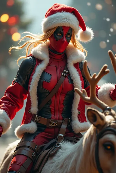 Lady Deadpool with blonde pony tail, wearing a santa claus jacket and hat, full body shot, riding a reindeer, intricate details, photo-realistic, hyperrealistic, 8k, high quality, masterpiece, cinematic lighting, warm color palette, dynamic pose, action sc...