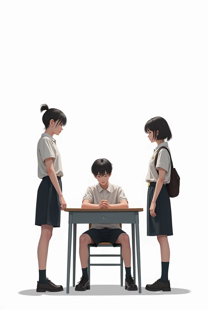 one teenager sitting at a school table . 
 And another teenager looking straight ahead and the other looking straight at the boys. 
Let them be Korean and be secondary
Super realistic image with a white background. The entire white background. 