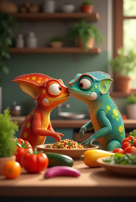   Galu in the kitchen with his mother ,  a chameleon ,  preparing a delicious meal ,  with a table filled with colorful food .