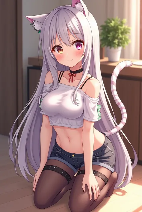 masterpiece, best quality, Official Art , extremely detailed CG unity 8k wallpaper , girl, cute的girl, Second dimension animation，Yuri, cute发饰,  shorts,  cropped top below , pantyhose, ribbon_ Choker Necklace , Leg strap,cat ears tail（hairy），Colored eyes（bi...