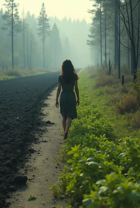 Depressive woman leaving a road where vegetation burned Asia to a road full of green vegetation 