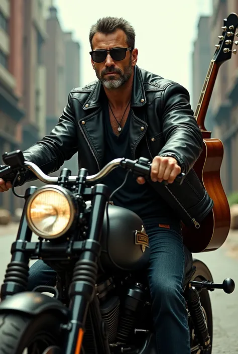 Create man dressed in black leather jacket spantalon jeans riding a Harley motorcycle and carrying a Gibson guitar on his back, Side view image  