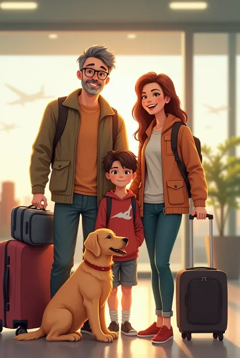 Make a family that has a mother with straight and long hair and a father with glasses and gray and black hair a teenage boy who is ,  to a girl who is 11 and who is slightly shorter than the boy of 13 , to a boy who is  . Add a Golden Retriever next to the...