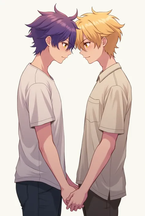 two boys. two men. two males. purple haired taller than the blond one. purple haired boy has yellow eyes. blond boy has brown eyes. holding hands