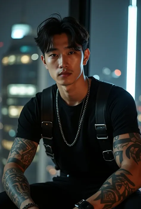  In the image you can see a man with Asian features , possibly Korean ,  wearing in a modern and prominent way . Next,  I detail all the visible aspects of his appearance :

outfit:
shirt:  He wears a tight black t-shirt ,  who highlights his athletic figu...