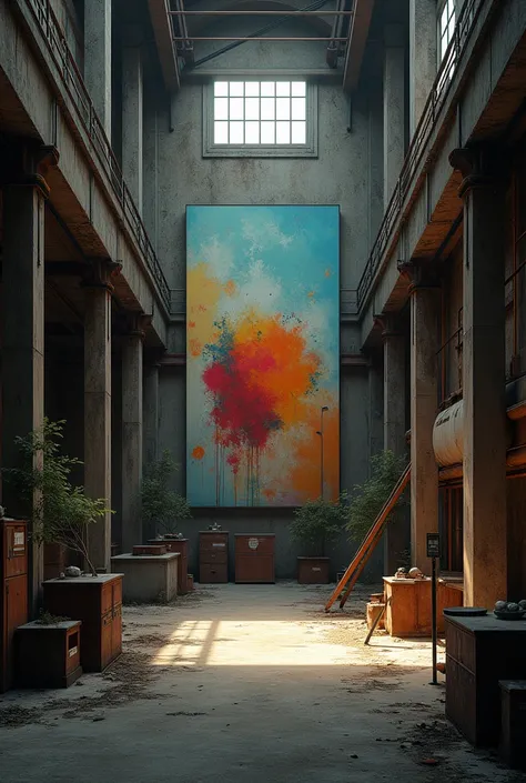 A primitive industrial corridor with a large painting 