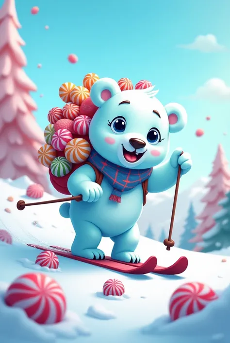 Ice bear on ski with candys, cartoon, sweet, big eyes, poles