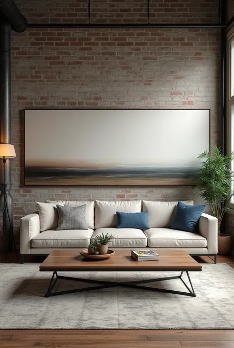 An industrial living room with a large horizontal painting behind the sofa and low table