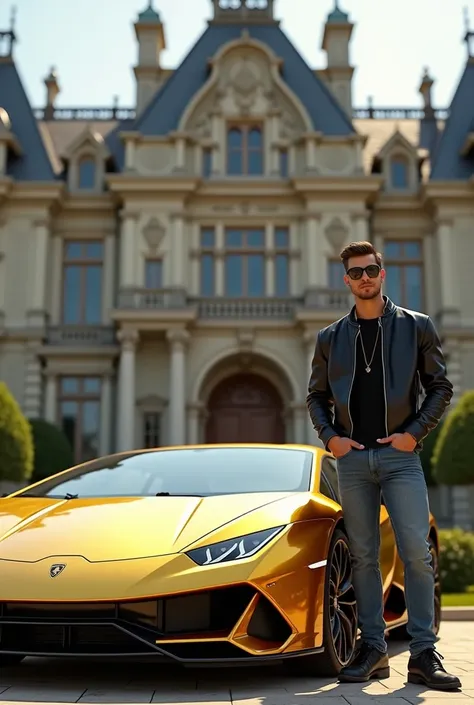 A black  cool boy standing besides a golden supercar  infront of giant masion