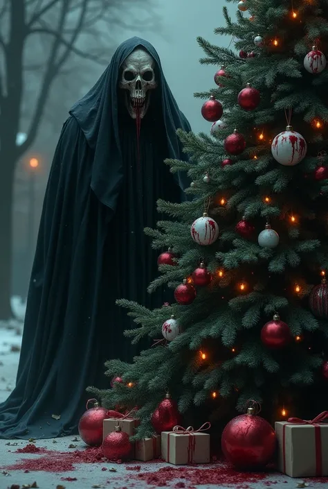 un fantome qui se cache dérrière un sapin de noël. Le fantome a un visage monstrueux ressemblant le masque de la mort,  vêtu en noir entier, à moitié exposé au caméra, à moitié caché derrières les branches, le sapin est en dark green , avec ornement bloody...