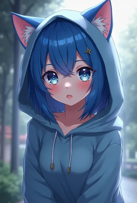 anime blue haired cat woman with hoodie