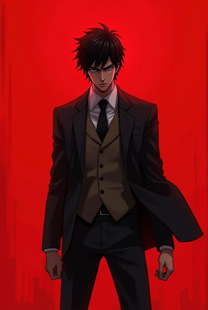  Three-piece suit and tie, dynamic pose ,nervous expression, with red background , death note style 