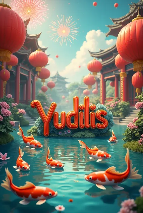 Create the word yudilis in a pond with several colorful Chinese fishes, Chinese balloons, fireworks in a Chinese environment