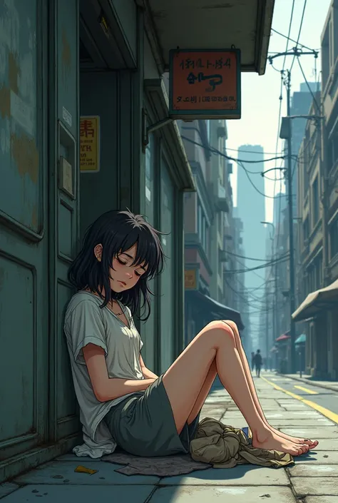 A woman sleeping in front of a store in torn clothes. Anime