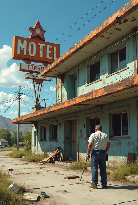 A large motel in bad condition and a man restoring it