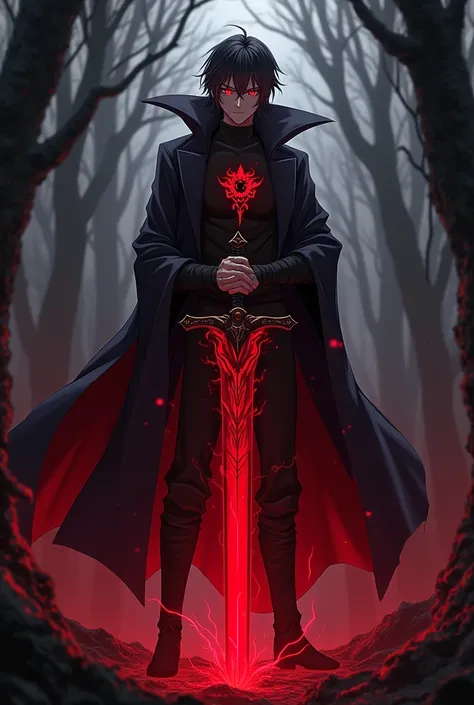 An anime male character in a dark forest . His hair is medium-dark ,  Bright red eyes,  a coat with long sleeves and buttoned with the symbol of a dragon and a flaming blood-red aura with red electricity surrounding the body and holding a cursed sword with...