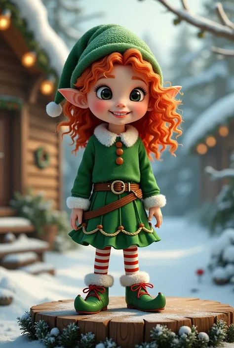 Christmas elf  ,  girl,  rothaarig , green suit ,  with a wooden board,  on which Jessica is standing 