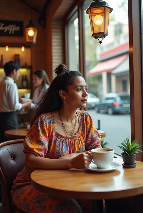  Wide angle of the interior of a charming coffee shop, Where is an attendant , tables, In the distance a brown-skinned woman , Madura,  moving brown hair ,  colorful dress style ,  sitting by the window overlooking the street with a cup of coffee in hand.