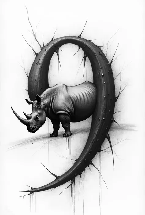 Sketch the number nine combined with a rhino in black and white colors