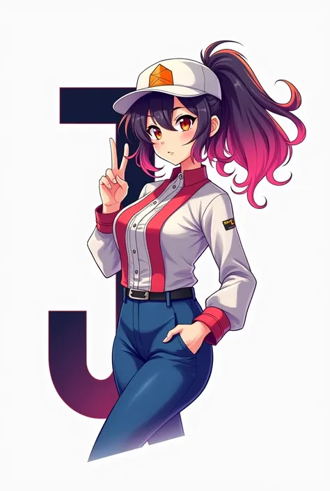 Background logo with the letter J ,  Female character,  anime hair with ponytail , colored hair, And white cap with . an orange detail black mask,  white blouse with red details, blue pants 